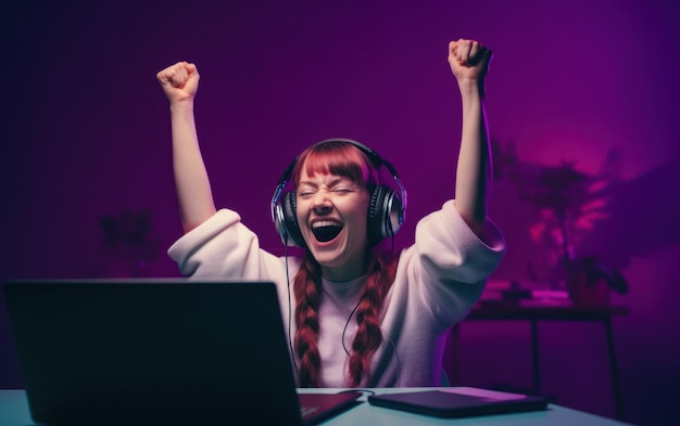 Foto jogadora feminina comemorando a vitória de um videogame online em um estúdio