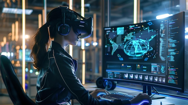 Jogadora feminina usando fone de ouvido VR jogando em um cenário futurista interface digital experiência imersiva cena de jogo de realidade virtual IA