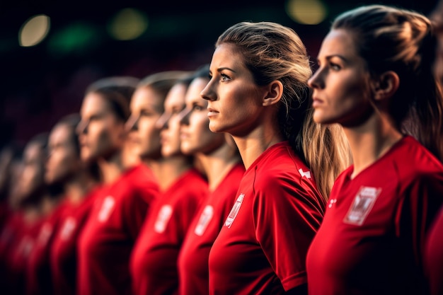 Jogadoras de futebol femininas em fila antes de um jogo criadas com tecnologia de IA generativa