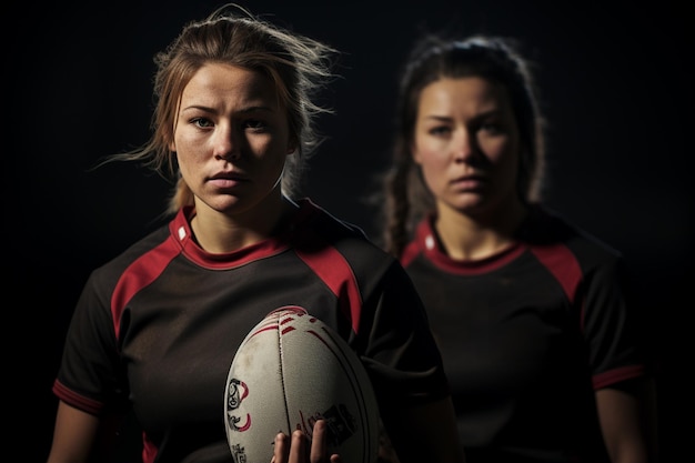 Foto jogadoras de rugby competindo no campo de rugby à noite