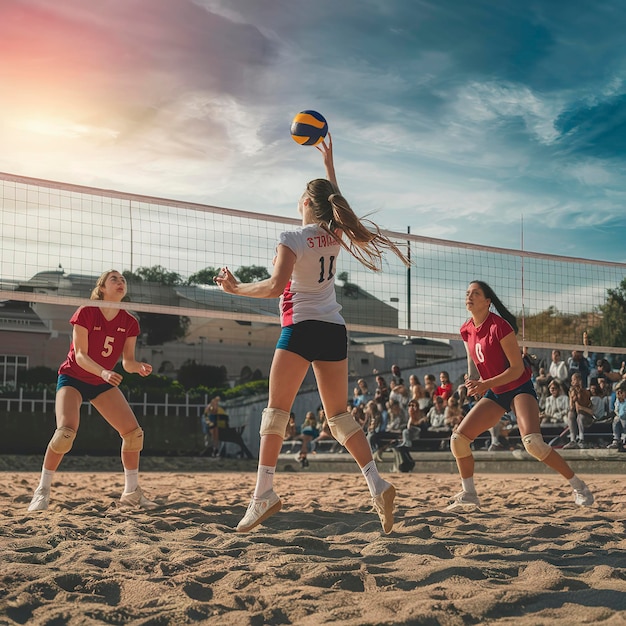 Jogadoras de vôlei em ação em estádio profissional