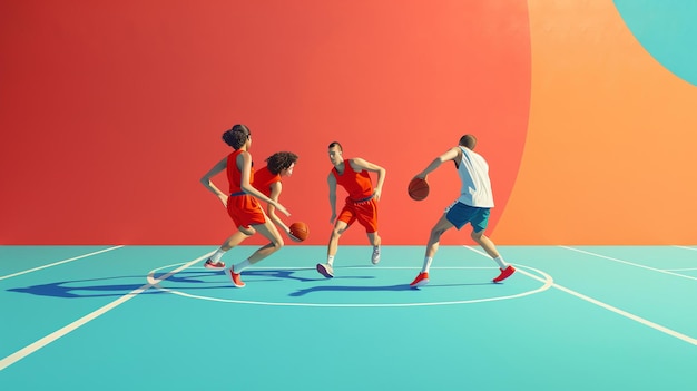 Foto jogadores de basquete em ação a imagem mostra um grupo de pessoas jogando basquete eles estão todos vestindo uniformes vermelhos e azuis