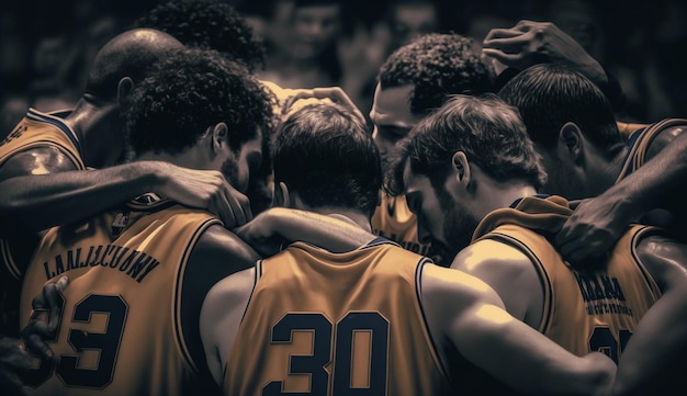 Jogadores de basquete se amontoam em um amontoado.