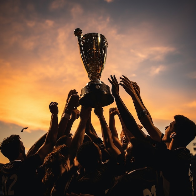 Foto jogadores de futebol comemorando a vitória com troféu