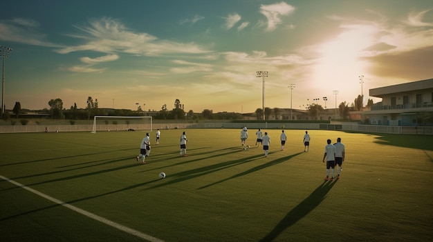 Jogadores de futebol em um campo com o sol se pondo atrás deles