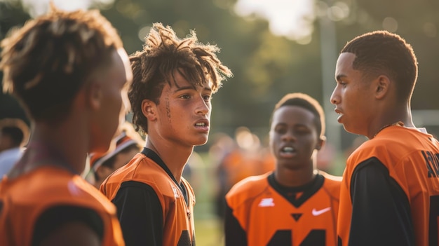 Foto jogadores de futebol envolvidos em uma discussão estratégica durante o treino da tarde