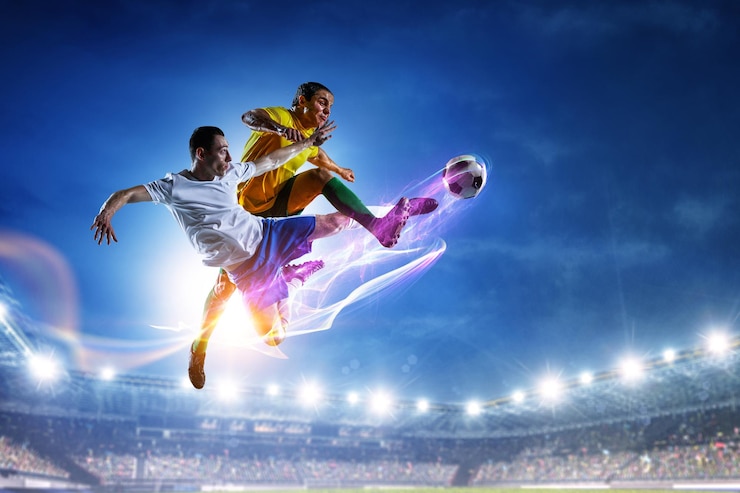 Foto jogadores de futebol no estádio em ação. mídia mista