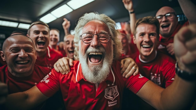 Jogadores de futebol seniores no vestiário a desfrutar da sua conquista com uma vibração alegre.