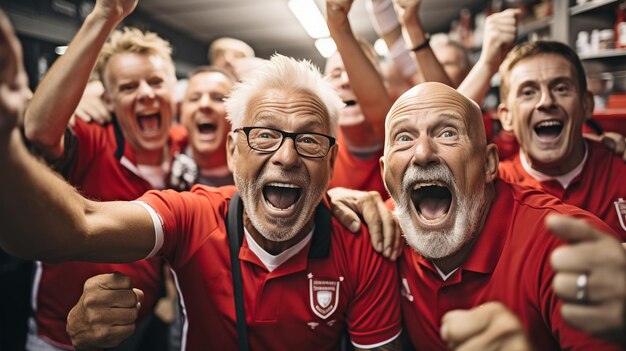 Jogadores de futebol seniores no vestiário a desfrutar da sua conquista com uma vibração alegre.