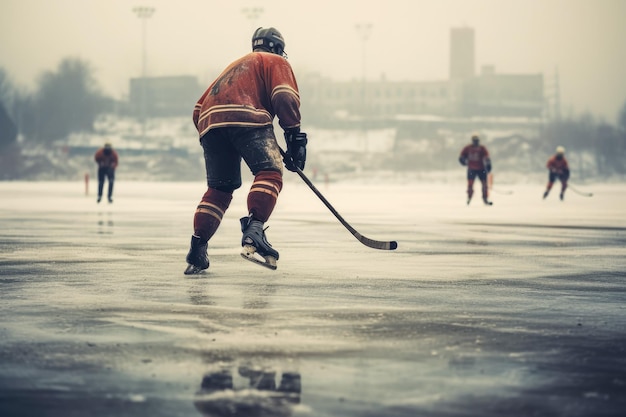 Jogadores de hóquei no gelo em ação no lago congelado Profundidade de campo rasa