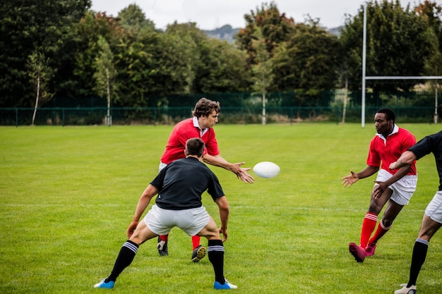 Jogadores de rugby que passam durante o jogo