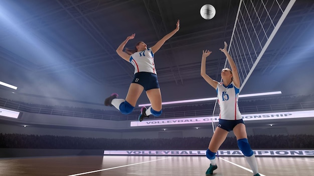 Jogadores de voleibol profissional feminino em ação no estádio 3d