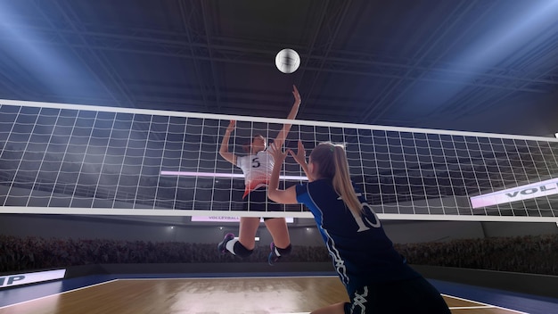 Jogadores de voleibol profissional feminino em ação no estádio 3d