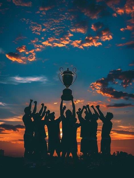 Jogadores em silhueta levantando o troféu do campeonato ao anoitecer