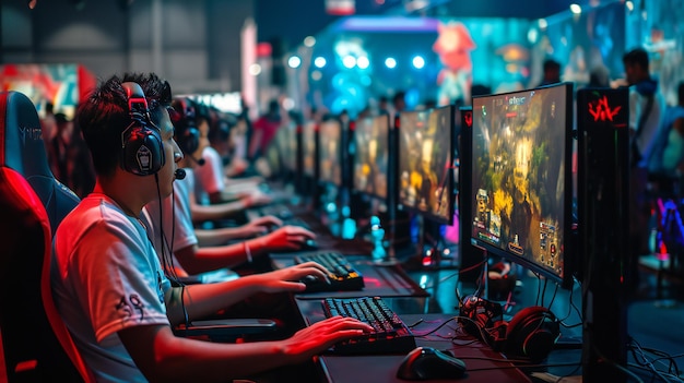 Foto jogadores envolvidos em jogos intensos em um vibrante torneio de esportes eletrônicos iluminado na arena