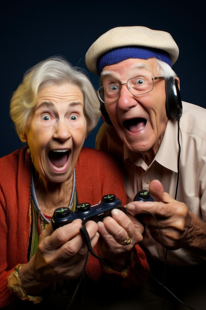 Jogadores idosos jogando videogame AI generativo