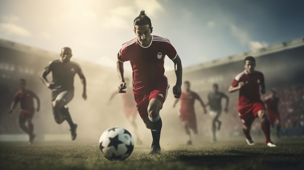 Foto jogadores perseguindo a bola em uma partida de futebol