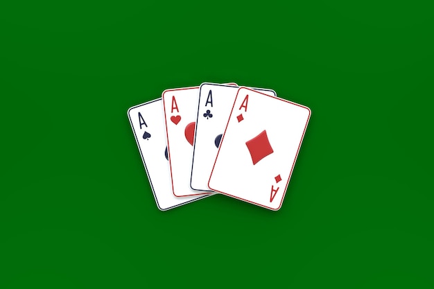 Jogando cartas em um fundo verde Cartões de cassino blackjack poker Vista superior 3D render ilustração