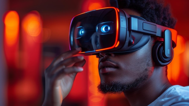 Jogando videogames com fone de ouvido de realidade virtual homem afro-americano segura algo com a mão enquanto usa óculos de realidade virtual