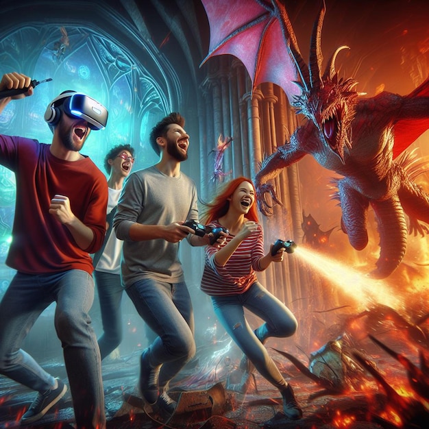 Foto jogar jogos de realidade virtual de fantasia com amigos