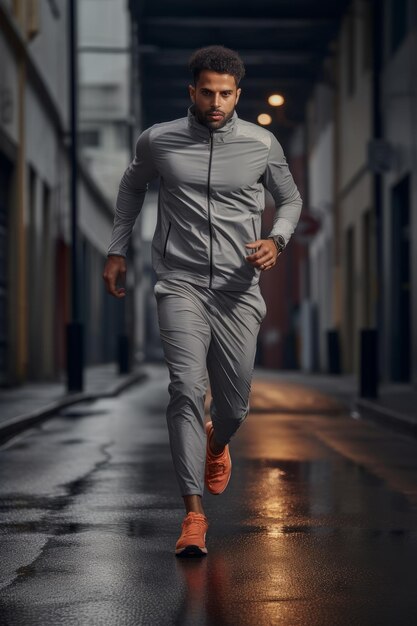 Jogger läuft durch die Straßen der Stadt. Erstellt mit generativer KI-Technologie