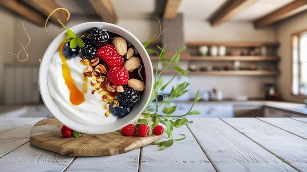 Foto joghurt in einer holzschüssel auf einem weißen holztisch gesundes lebensmittelkonzept