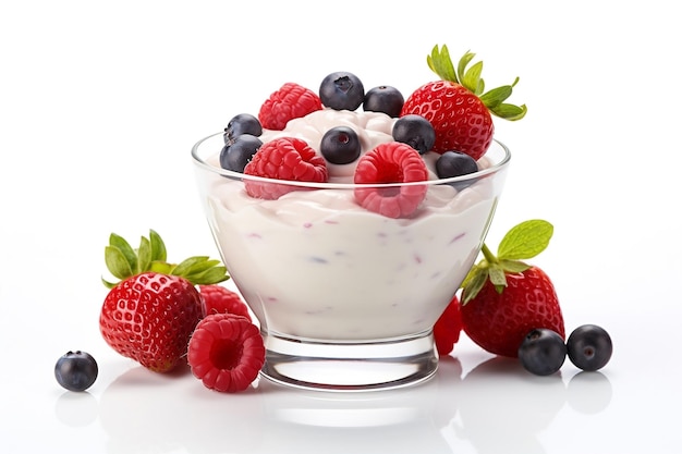 Joghurt mit Beeren in einer Glasschüssel auf weißem Hintergrund