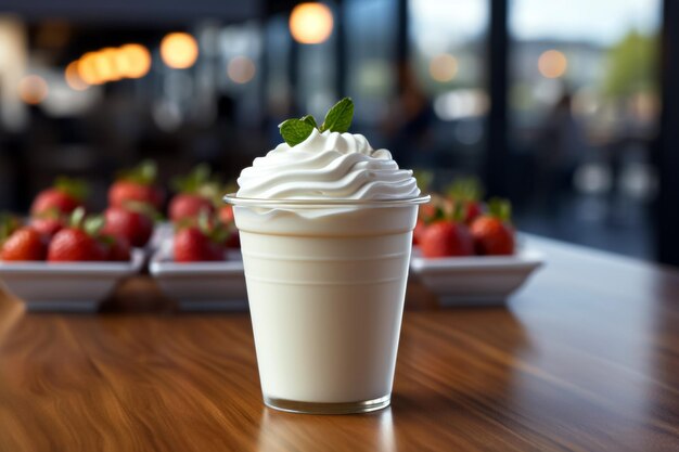 Joghurt mit frischen Beeren auf einem Holztisch in der Küche