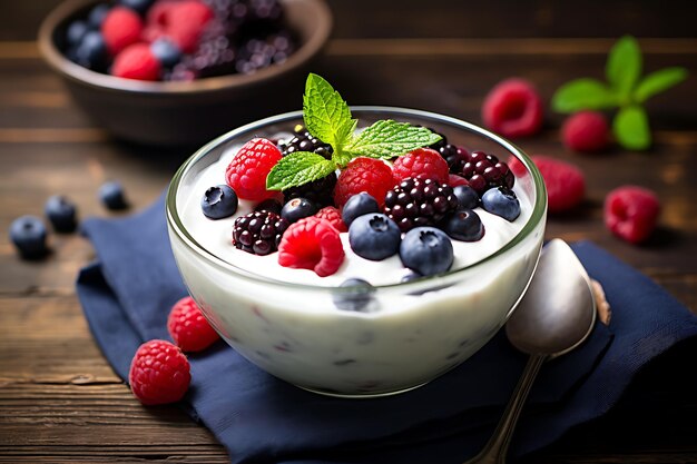 Joghurt mit frischen Beeren auf hölzern Hintergrund
