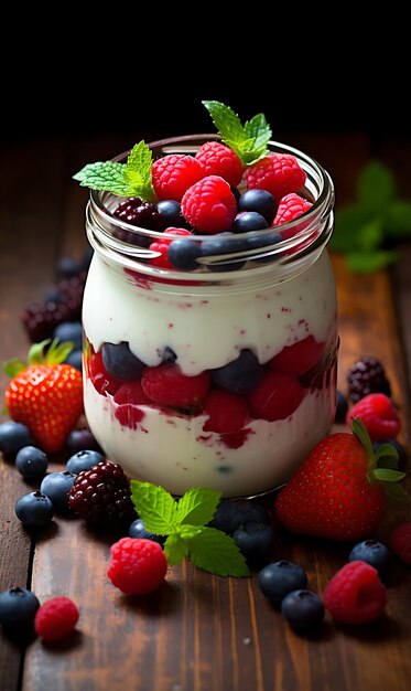 Joghurt mit frischen Beeren auf Holzhintergrund