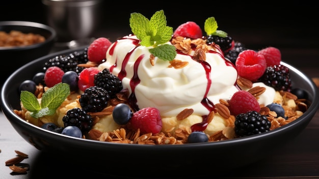 Joghurt mit frischen Beeren und Nüssen in schwarzer Schüssel auf dem Tisch köstliches gesundes Frühstück oder Snack