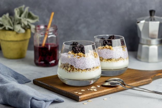 Joghurt mit Müsli, Chiasamen und Brombeeren