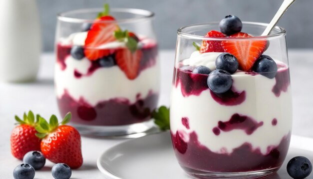 Joghurt-Parfait mit Blaubeeren und Erdbeersirup zum Frühstück