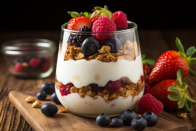 Joghurt-Parfait mit Yoghurt-Schichten, gemischten Beeren und zerkleinerten Graham-Crackern