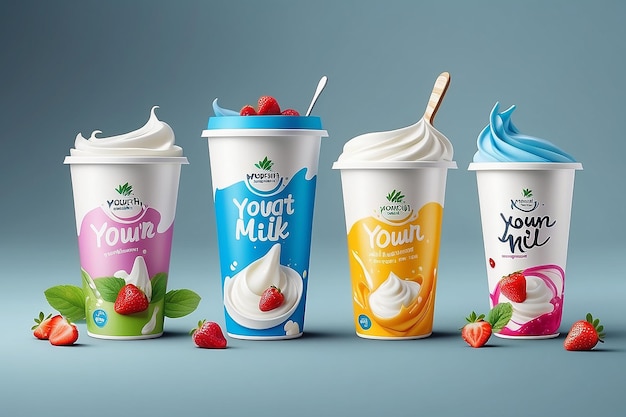 Joghurt-Set brandneue Verpackung isolierter Entwurf für Milchjoghurt- oder Sahneprodukt-Branding- oder Werbeentwurf