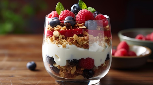 Joghurtparfett mit abwechselnden Schichten griechischer Joghurt-Granola und gemischten, künstlich erzeugten Beeren