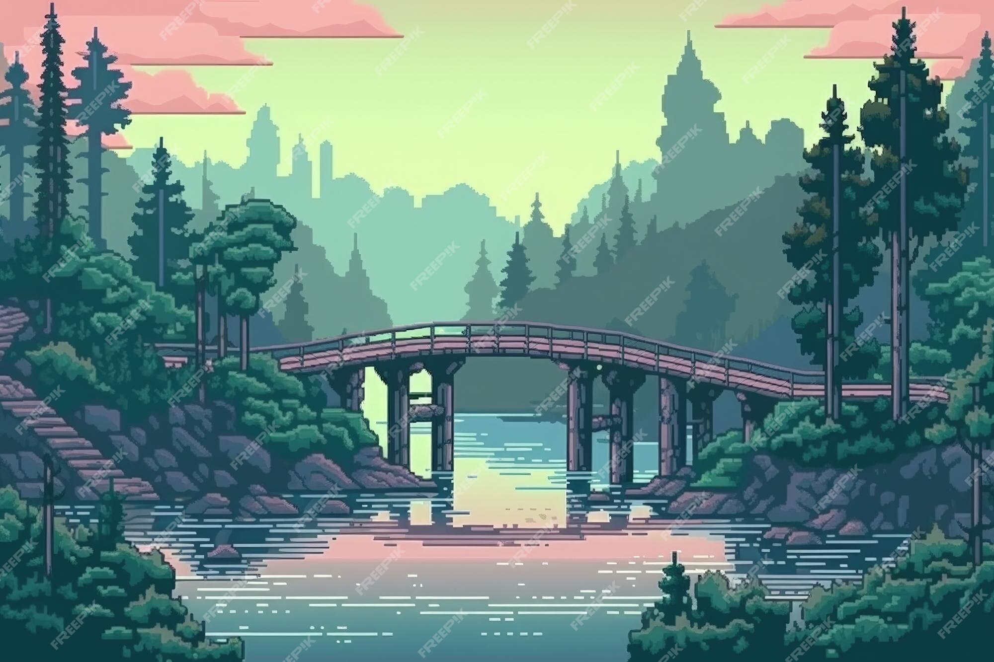 Pixel art paisagem isométrica com árvores ponte lago mina jogo de