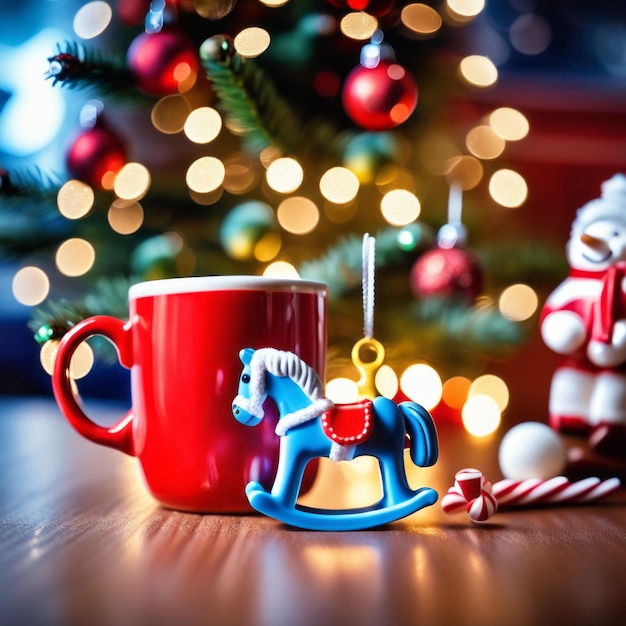 Jogo de cavalo de balanço e caneca vermelha com chocolate quente e marshmallow e doces com árvore de Natal