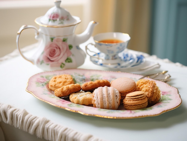 Jogo de chá com biscoitos e bule na toalha de mesa azul