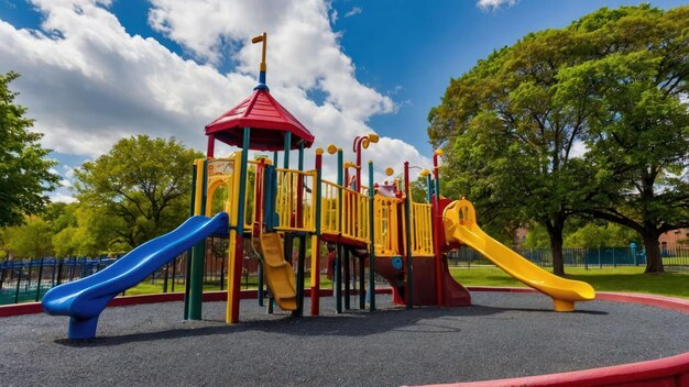 Foto jogo de crianças colorido em um parque com escorregador verde e balanços