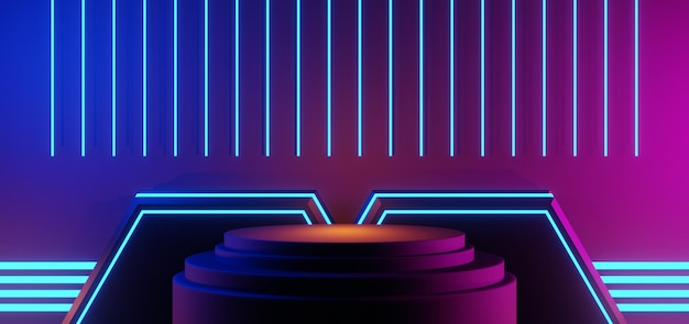 Jogo de fundo abstrato papel de parede estilo cyberpunk jogo de ficção científica brilho de néon da cena do palco na sala de pedestal renderização de ilustração 3d