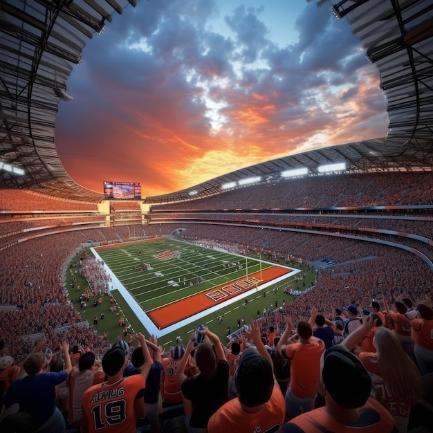 Jogo de futebol americano em um grande estádio com um céu ao pôr do sol