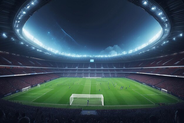 Foto jogo de futebol noturno em um estádio cheio de torcedores e faróis brilhantes