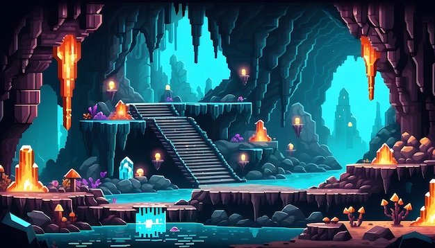 Jogo de plataforma de desenho animado subterrâneo caverna fantasia mundo paisagem 2D UI design para PC ou móvel