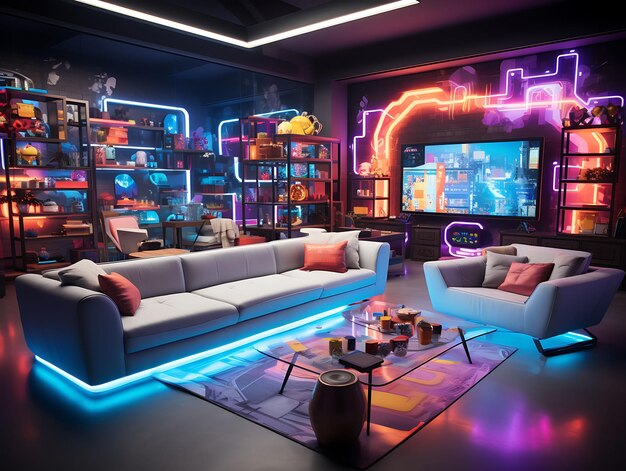 Foto jogo de realidade aumentada sala unisex com edifícios em miniatura trending background sala decorativa