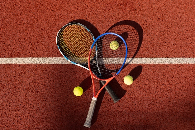 Jogo de tênis. Bola de tênis com raquete na quadra de tênis. Esporte, conceito de recreação.