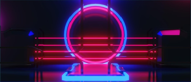 Jogo de vídeo de fundo abstrato de esports scifi gaming cyberpunk vr simulação de realidade virtual e cena do metaverso suporte pedestal palco ilustração 3d renderização futurista sala de brilho de néon