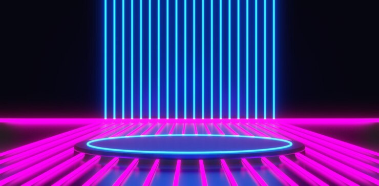 Jogo de vídeo de fundo abstrato de simulação de realidade virtual cyberpunk vr de jogos de ficção científica e cena de metaverso suporte de palco pedestal ilustração 3d renderizando sala de brilho de néon futurista