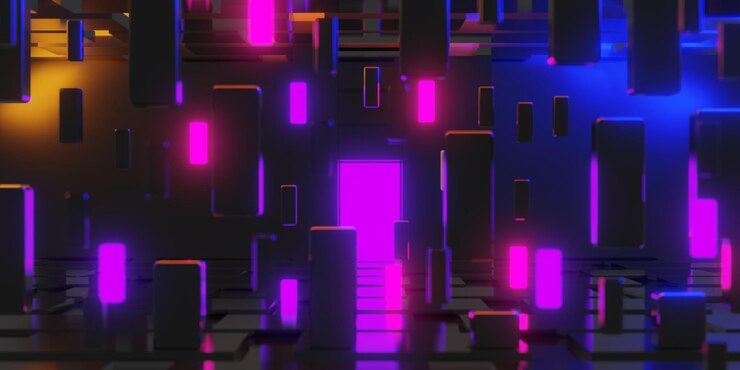 Jogo de vídeo de fundo abstrato de simulação de realidade virtual cyberpunk vr de jogos de ficção científica e cena de metaverso suporte de palco pedestal ilustração 3d renderizando sala de brilho de néon futurista