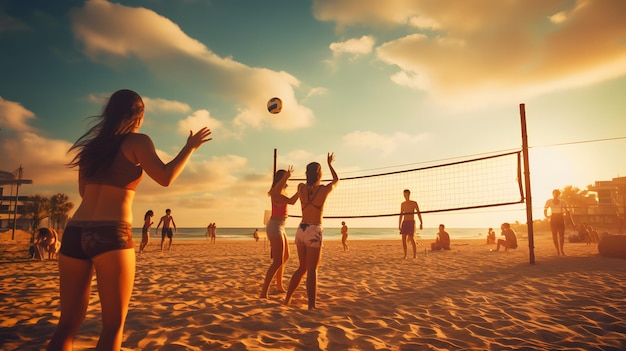 Jogo de voleibol de praia com amigos a desfrutar do sol.